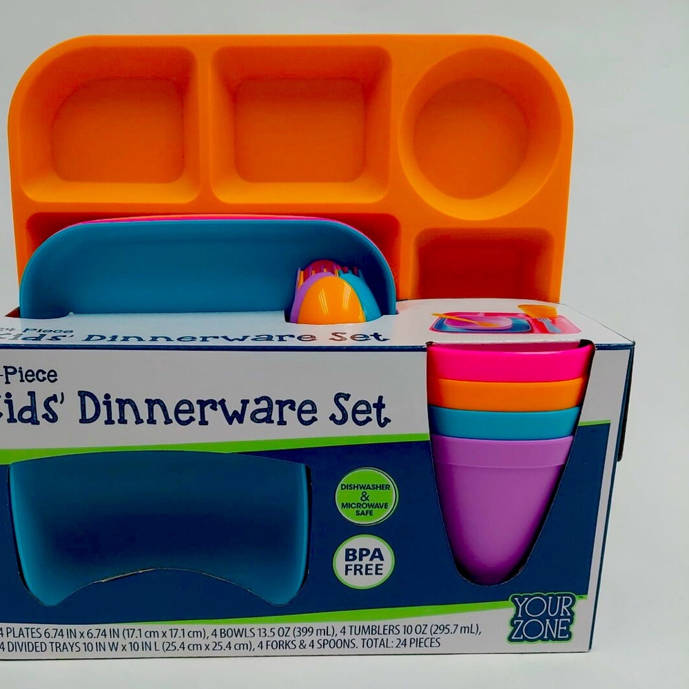 Your Zone 24 Piece Plastic Dinnerware Set for Kids with 4 Each Trays